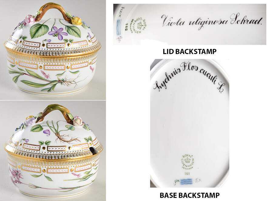 Flora Danica (1961 To Current) Large Sugar Bowl & Lid-Lychnis Flos cuculi L.-Viola uliginosa Schrad by Royal Copenhagen-1