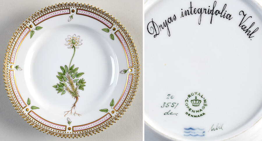 Flora Danica (1961 To Current) Dessert/Pie Plate-Dryas integrifolia Vahl. by Royal Copenhagen-1