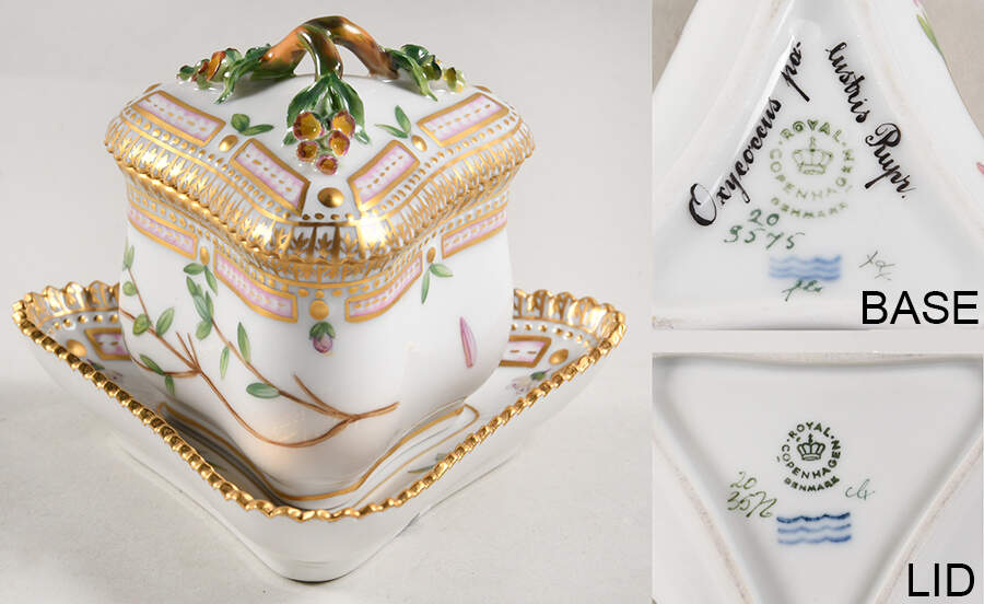 Flora Danica (1961 To Current) Triangular Custard Cup, Saucer & Lid-Oxycoccus palustris Rupr. by Royal Copenhagen-1