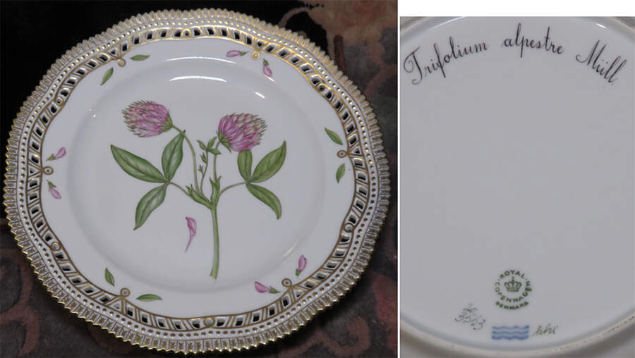 Flora Danica (1961 To Current) 10" Pierced Dinner Plate/Fruit Std-Trifolium alpestre Mull by Royal Copenhagen-1