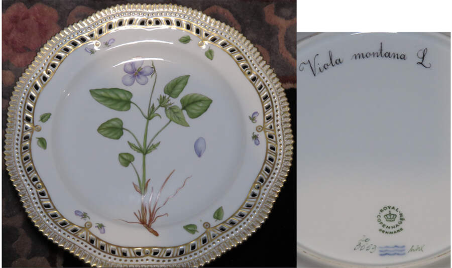 Flora Danica (1961 To Current) 10" Pierced Dinner Plate/Fruit Std-Viola montana L by Royal Copenhagen-1
