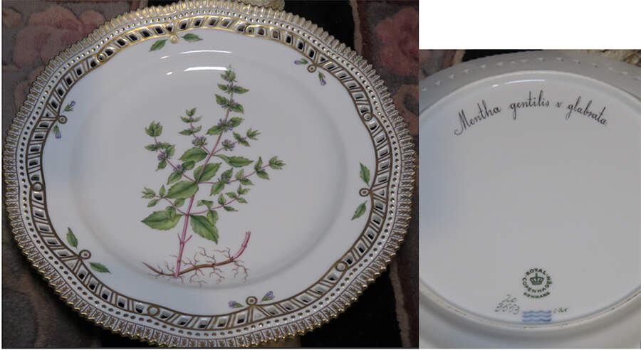 Flora Danica (1961 To Current) 10" Pierced Dinner Plate/Fruit Std-Mentha gentilis v. glabrata by Royal Copenhagen-1