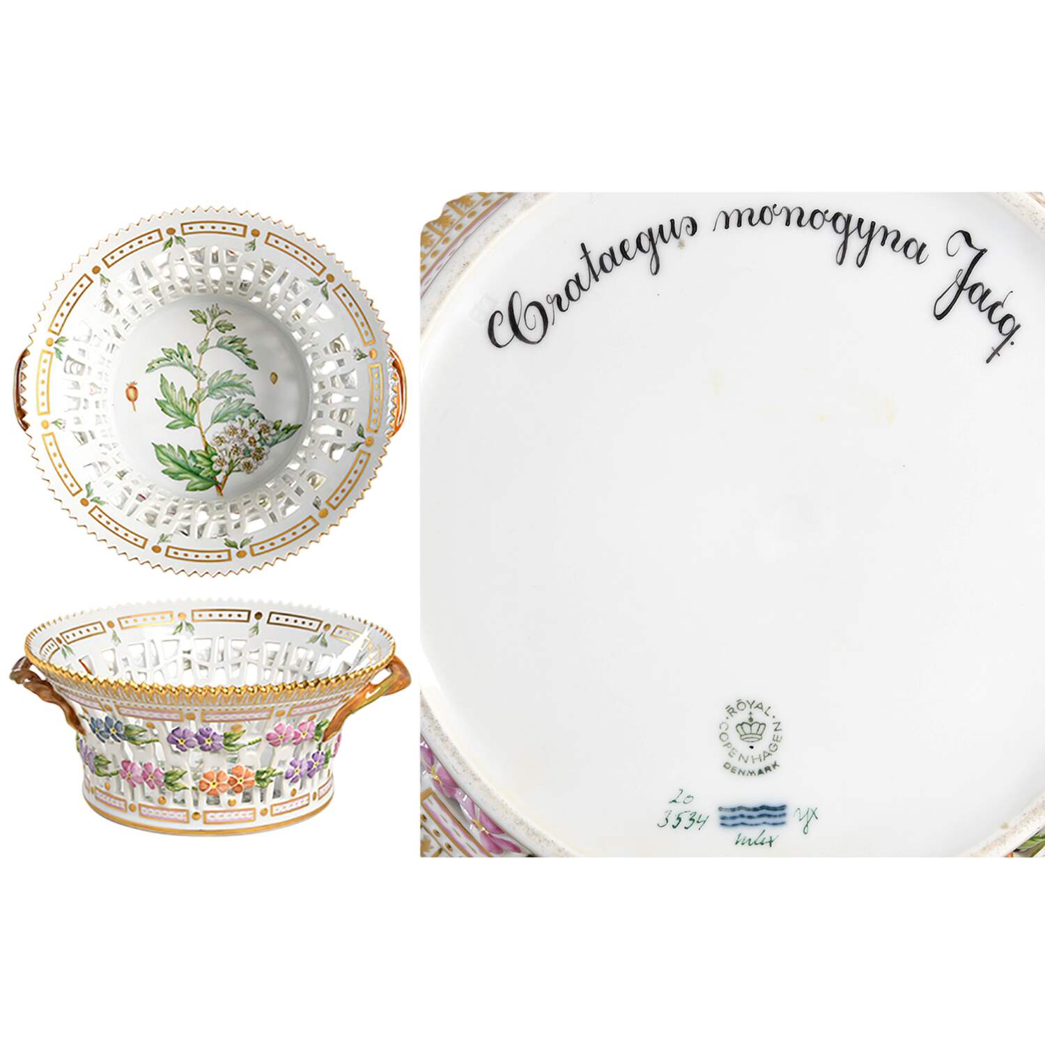 Flora Danica (1961 To Current) 8" Round Fruit Basket-Crataegus monogyna Jacq. by Royal Copenhagen-1