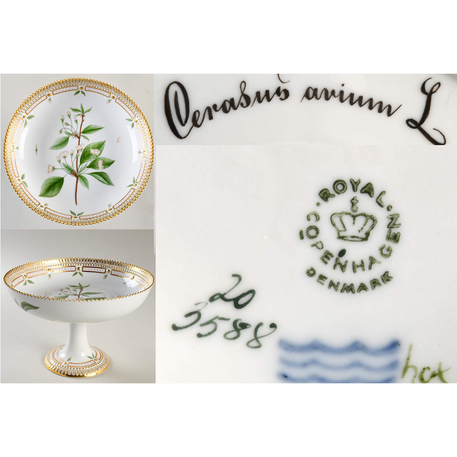 Flora Danica (1961 To Current) Round High Foot Cake Plate-Cerasus avium L. by Royal Copenhagen-1