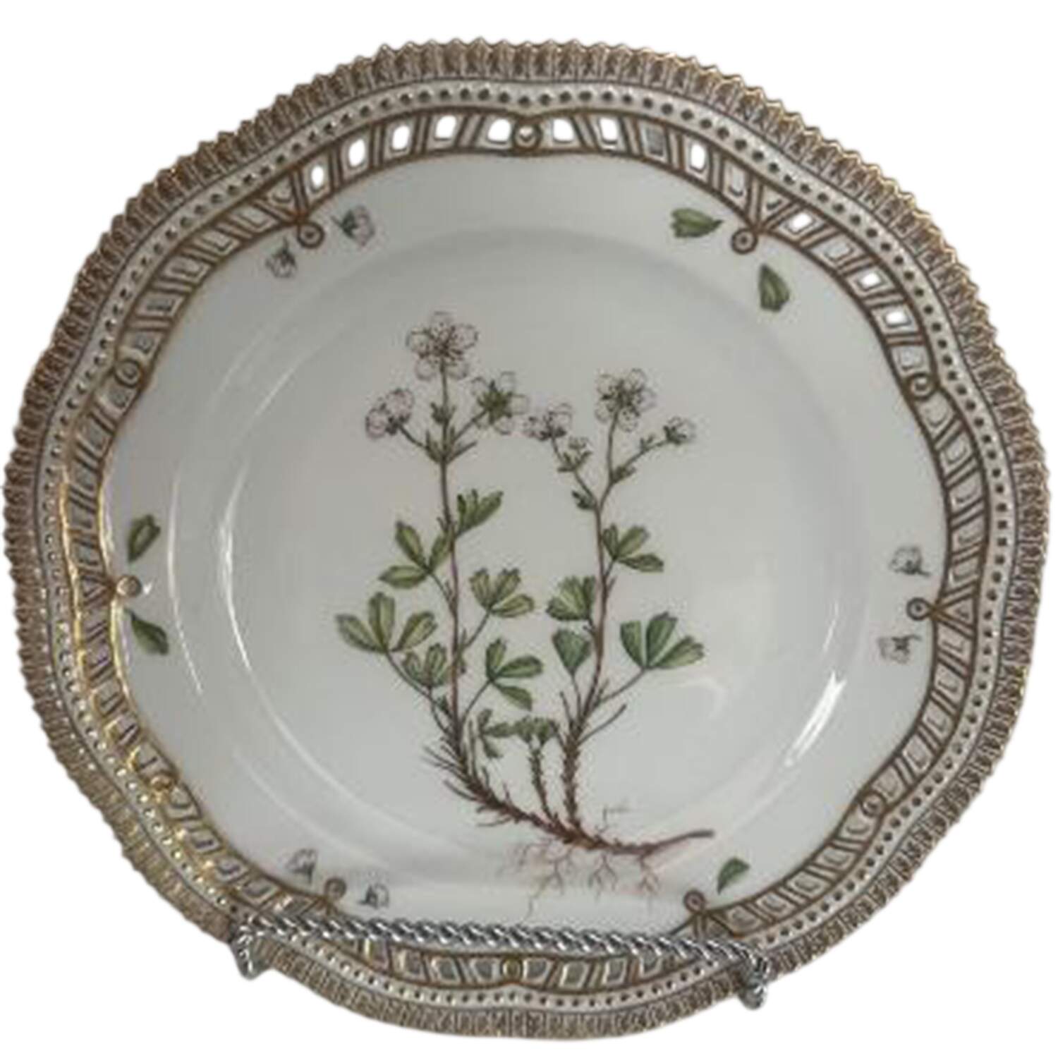 Flora Danica (1961 To Current) 10" Pierced Dinner Plate/Fruit Std-Potentilla retusa Horn by Royal Copenhagen-1