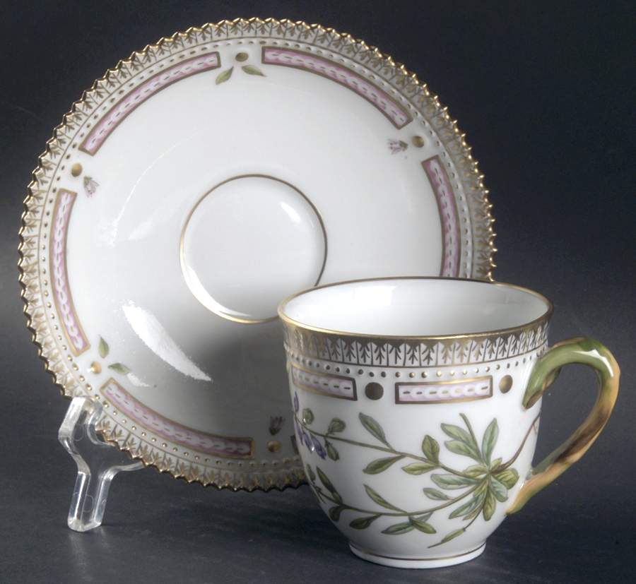Flora Danica (1961 To Current) Flat Cup & Saucer Set-Polygala amarum L by Royal Copenhagen-1
