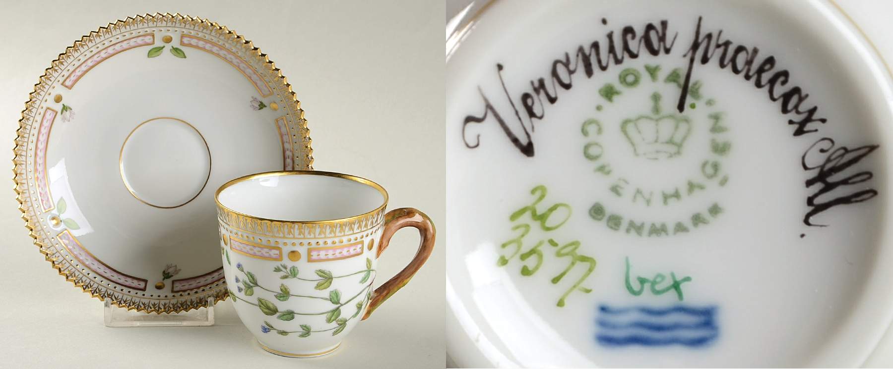 Flora Danica (1961 To Current) Flat Cup & Saucer Set-Veronica procox All by Royal Copenhagen-1