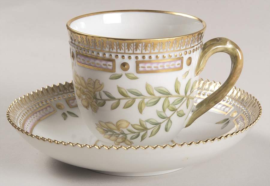 Flora Danica (1961 To Current) Flat Cup & Saucer Set-Genista tinctoria L by Royal Copenhagen-1