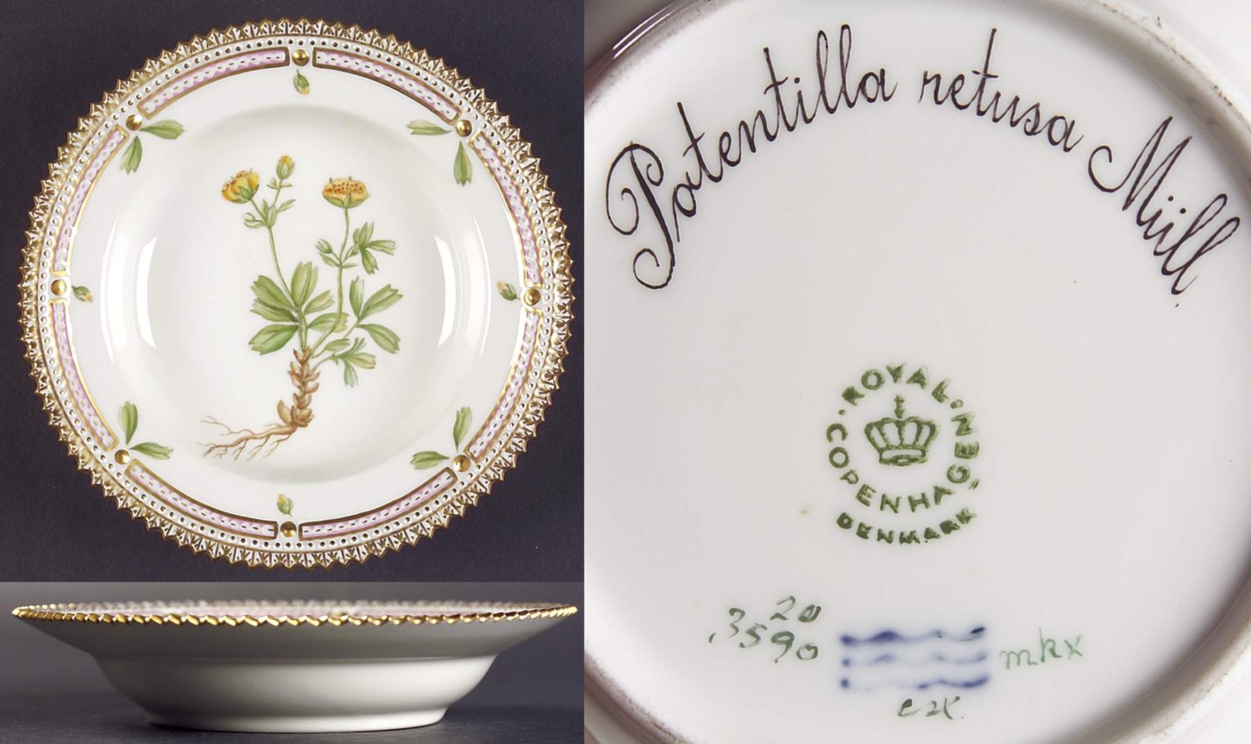 Flora Danica (1961 To Current) Rim Fruit/Soup Bowl-Potentilla retusa Mull by Royal Copenhagen-1