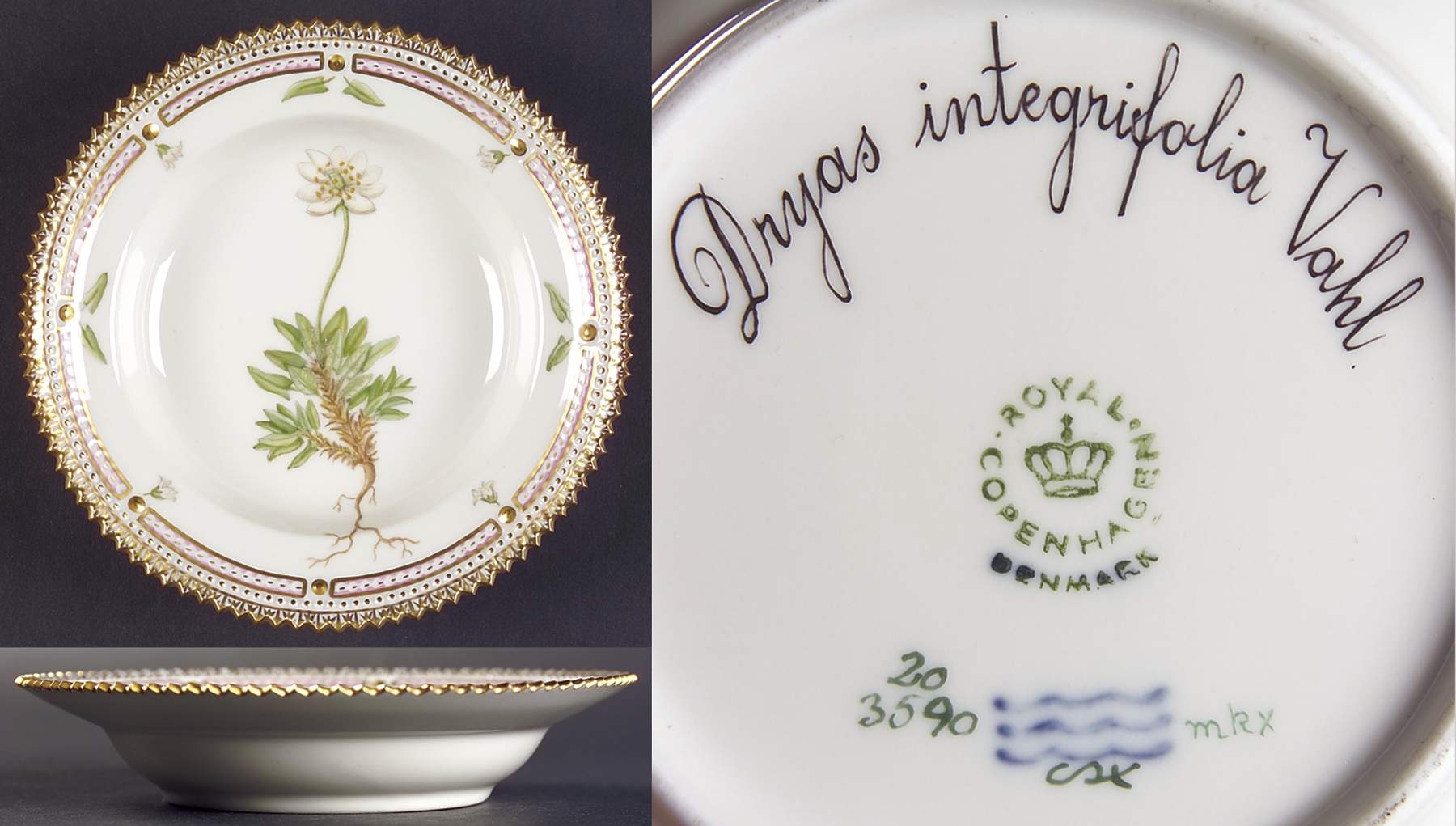 Flora Danica (1961 To Current) Rim Fruit/Soup Bowl-Dryas integrifolia Vahl by Royal Copenhagen-1