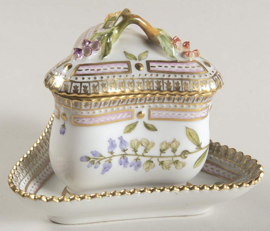 Flora Danica (1961 To Current) Triangular Custard Cup, Saucer & Lid-Polygala amar by Royal Copenhagen-1