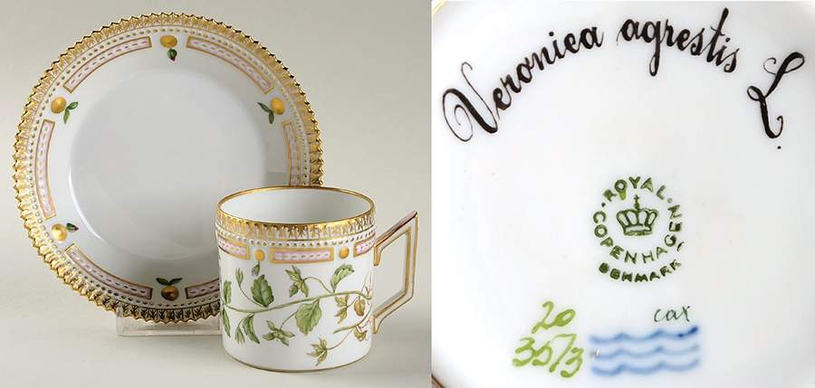 Flora Danica (1961 To Current) Chocolate Cup & Serrated Saucer-Veroniea agrestis by Royal Copenhagen-1