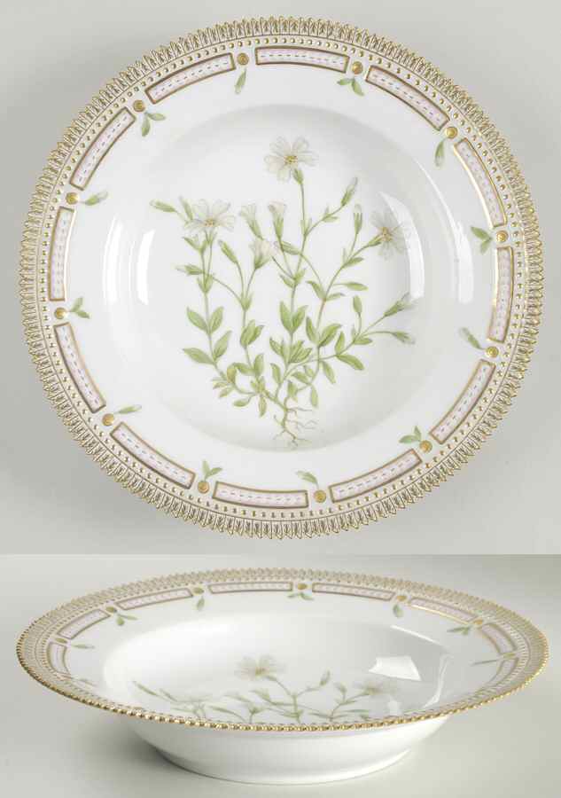 Flora Danica (1961 To Current) Large Rim Soup Bowl-Cerastium alpinum Vahl by Royal Copenhagen-1