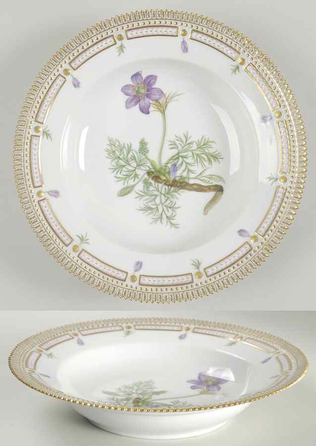 Flora Danica (1961 To Current) Large Rim Soup Bowl-Pulsatilla vulgaris var glabra by Royal Copenhagen-1