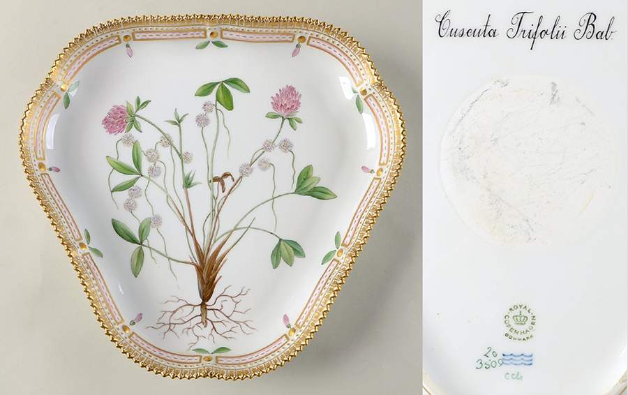 Flora Danica (1961 To Current) 10" Triangular Salad Serving Bowl-Guseuta Trifolii by Royal Copenhagen-1
