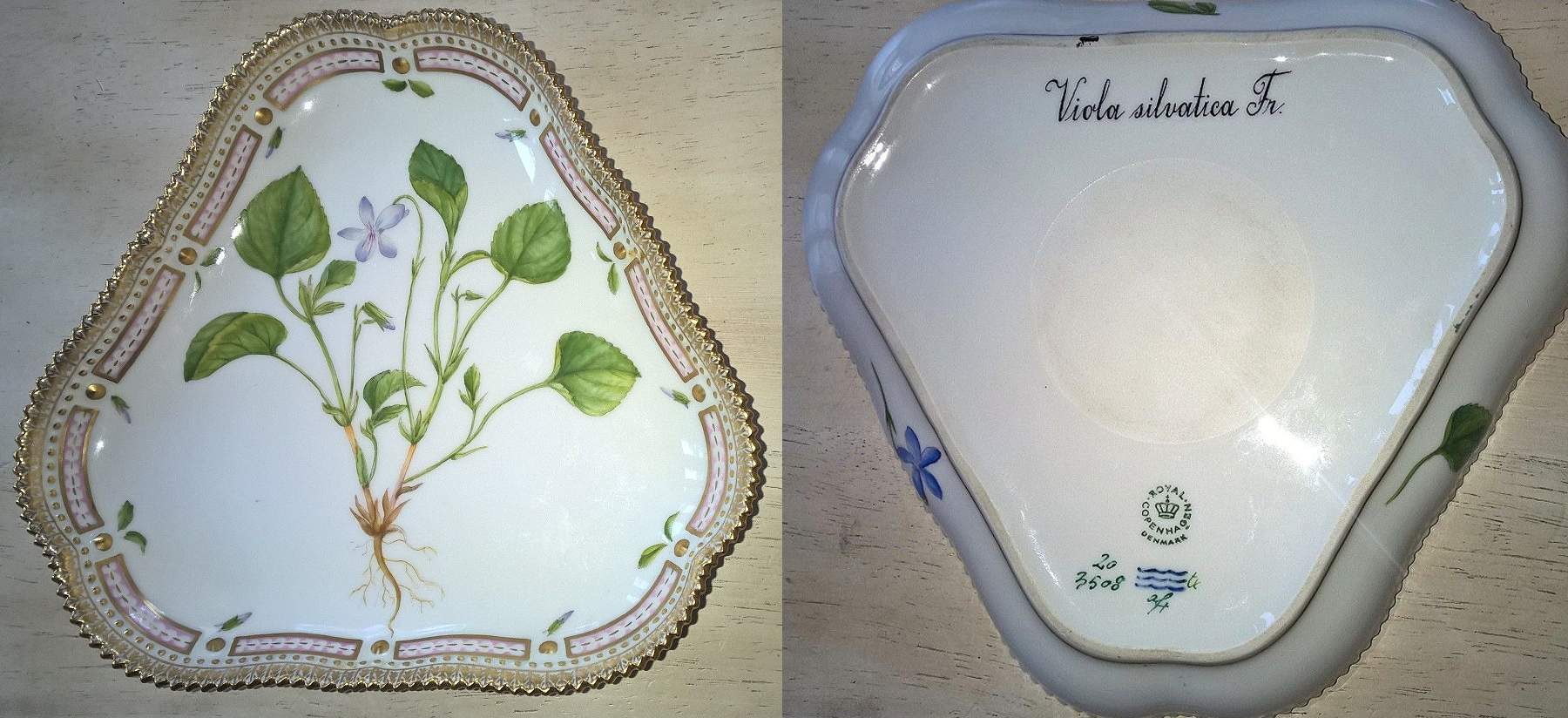 Flora Danica (1961 To Current) 9" Triangular Cake Plate-Viola silvatica Fr. by Royal Copenhagen-1