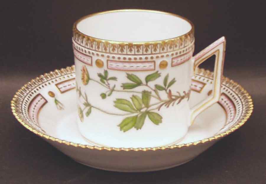 Flora Danica (1961 To Current) Chocolate Cup & Serrated Saucer-Potentilla retusa by Royal Copenhagen-1