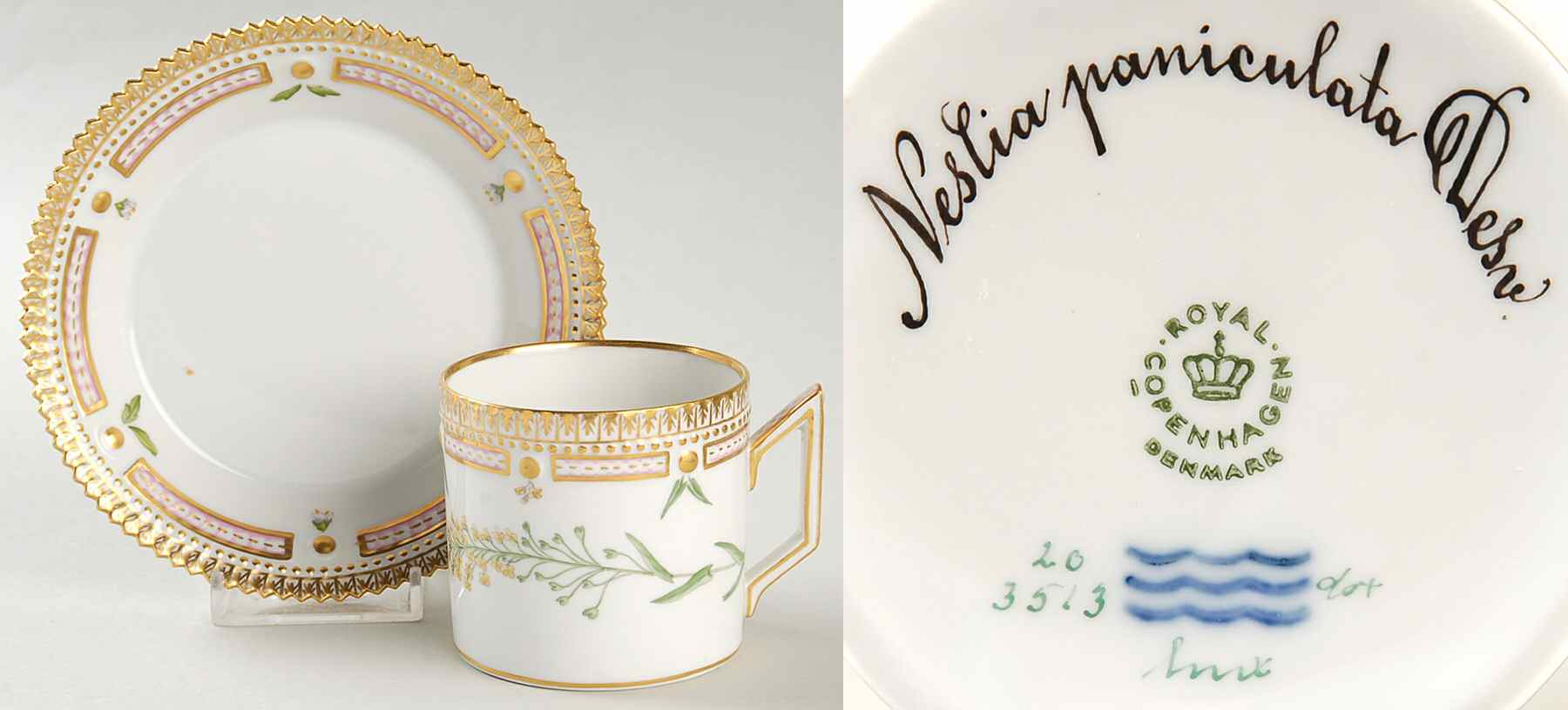 Flora Danica (1961 To Current) Chocolate Cup & Serrated Saucer-Neslia paniculata by Royal Copenhagen-1