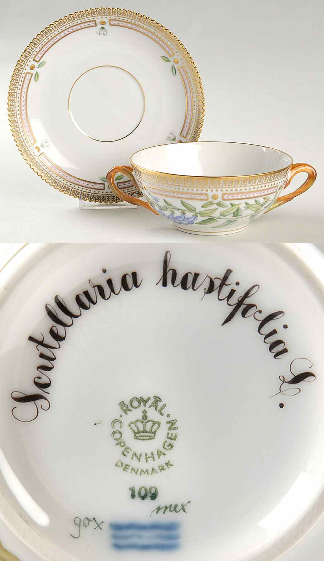 Flora Danica (1961 To Current) Flat Cream Soup & Saucer-Scutellaria hastifolia L by Royal Copenhagen-1