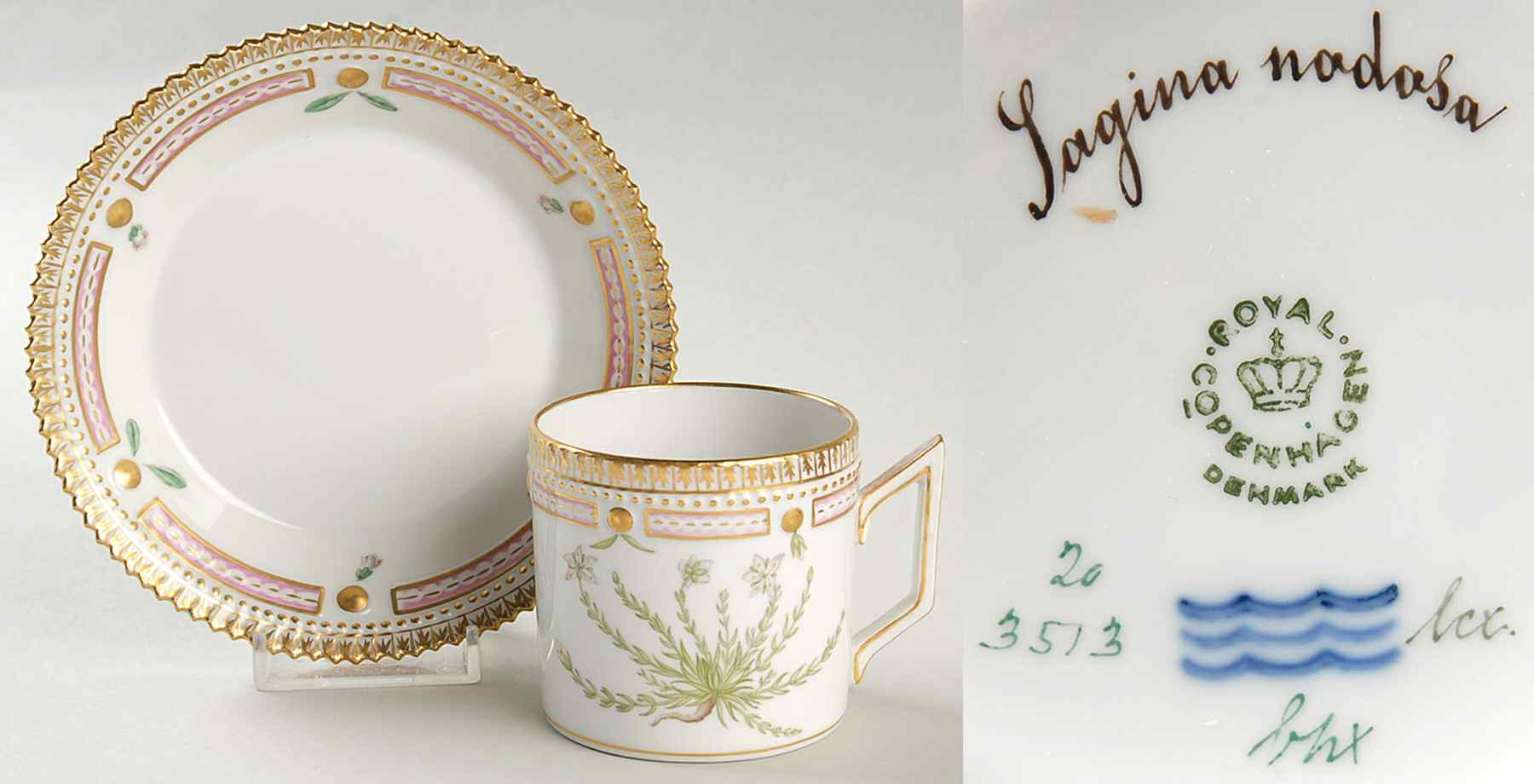 Flora Danica (1961 To Current) Chocolate Cup & Serrated Saucer-Sagina nodosa by Royal Copenhagen-1