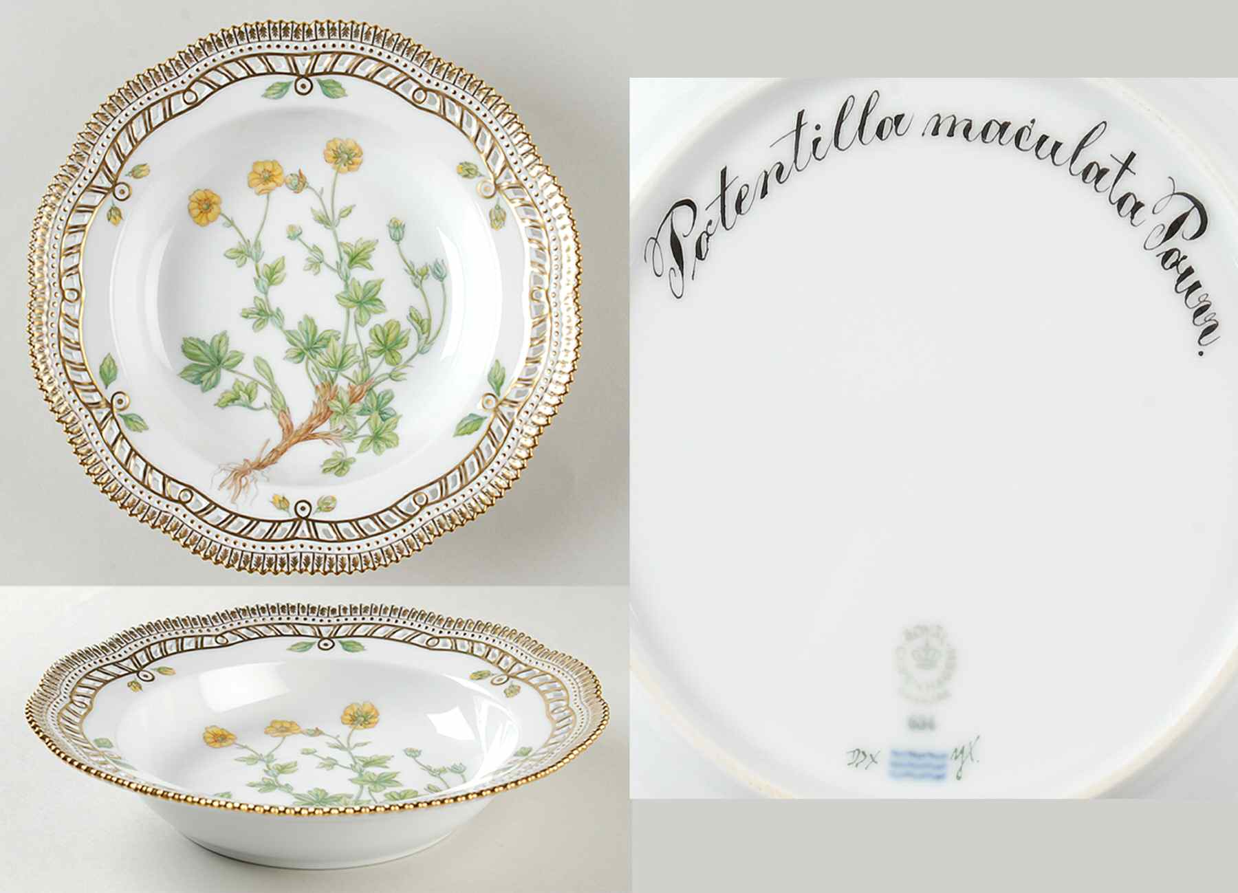 Flora Danica (1961 To Current) Pierced Large Rim Soup Bowl-Potentilla maculata Po by Royal Copenhagen-1