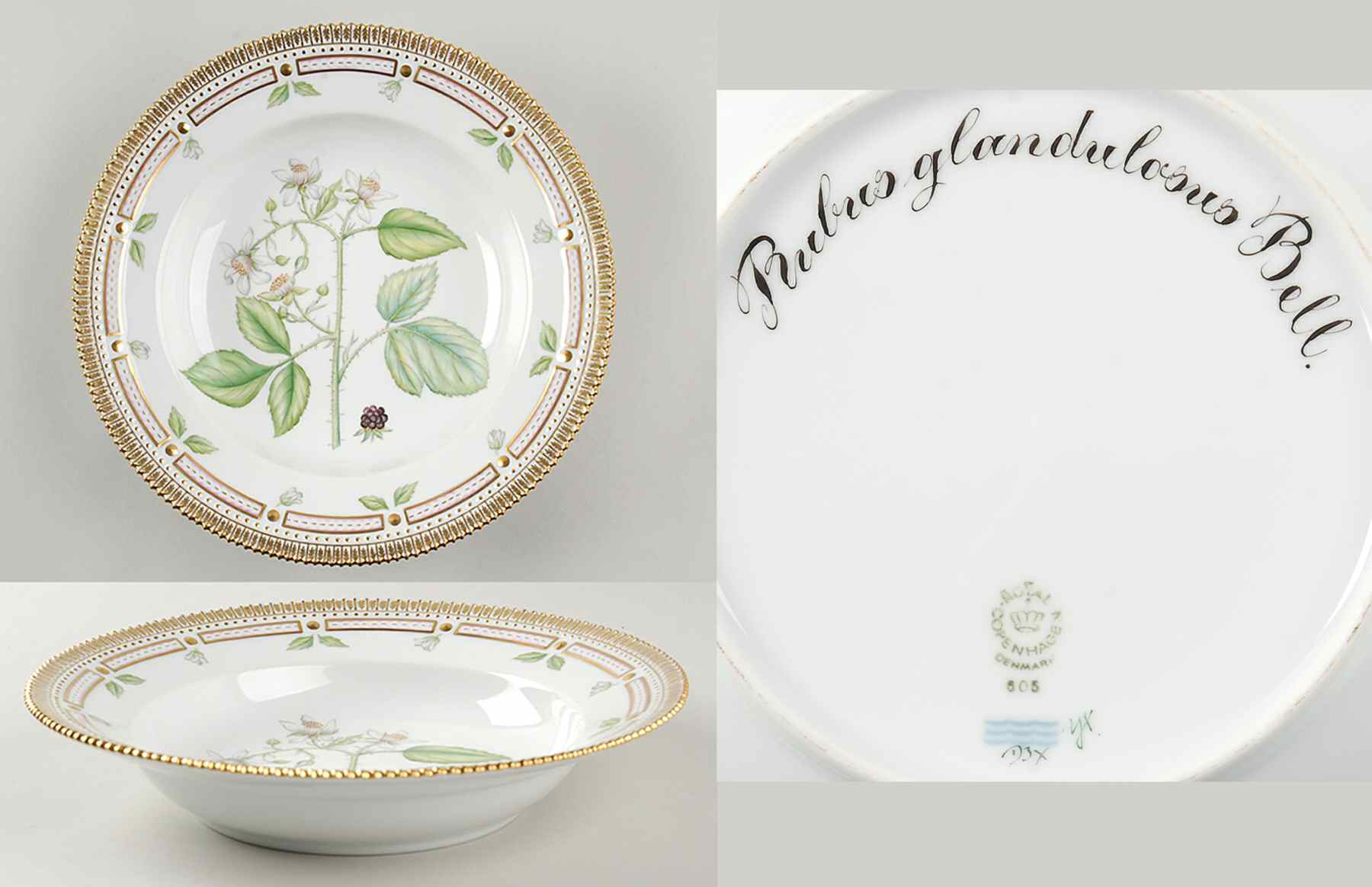 Flora Danica (1961 To Current) Large Rim Soup Bowl-Rubus glandulosus Bell by Royal Copenhagen-1