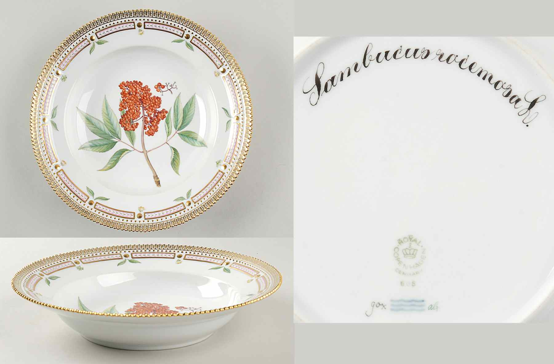 Flora Danica (1961 To Current) Large Rim Soup Bowl-Sambucus racemosa L by Royal Copenhagen-1