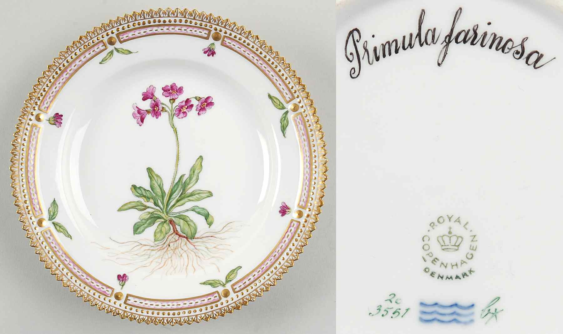 Flora Danica (1961 To Current) Dessert/Pie Plate-Primula farinosa by Royal Copenhagen-1