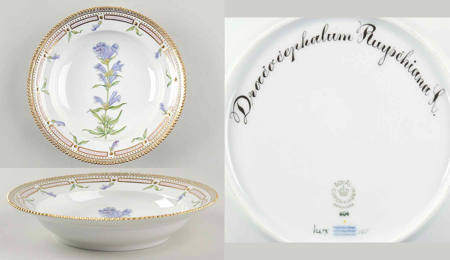 Flora Danica (1961 To Current) Rim Soup Bowl-Dracocephalum Ruyschiana L by Royal Copenhagen-1