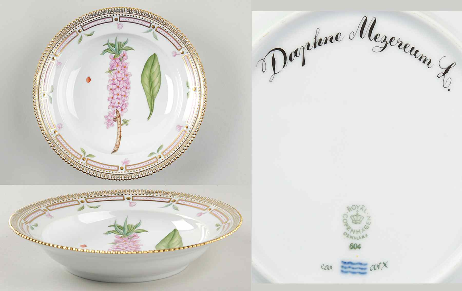 Flora Danica (1961 To Current) Rim Soup Bowl-Daphne Mezereum L by Royal Copenhagen-1
