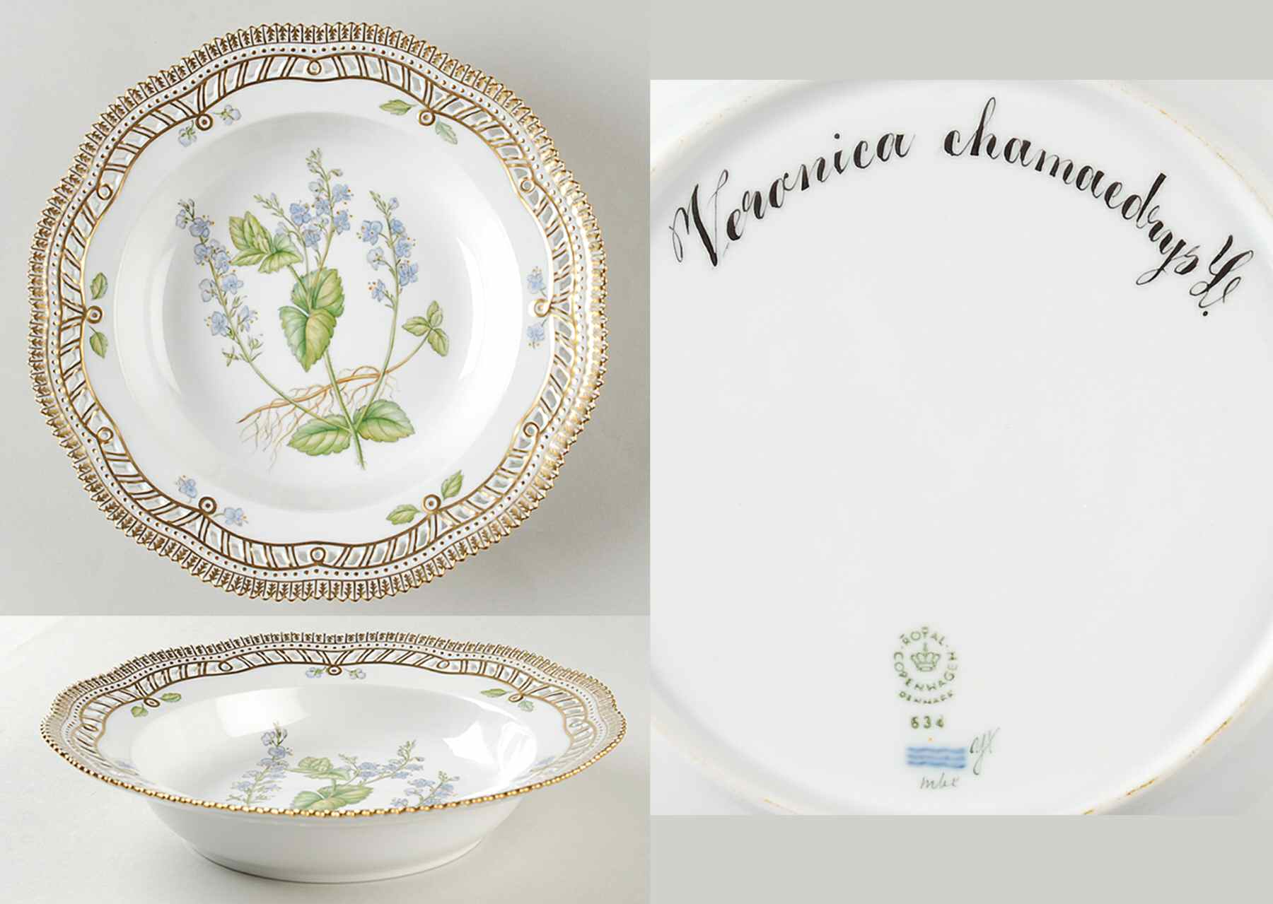 Flora Danica (1961 To Current) Pierced Large Rim Soup Bowl-Veronica chamaedrys L by Royal Copenhagen-1