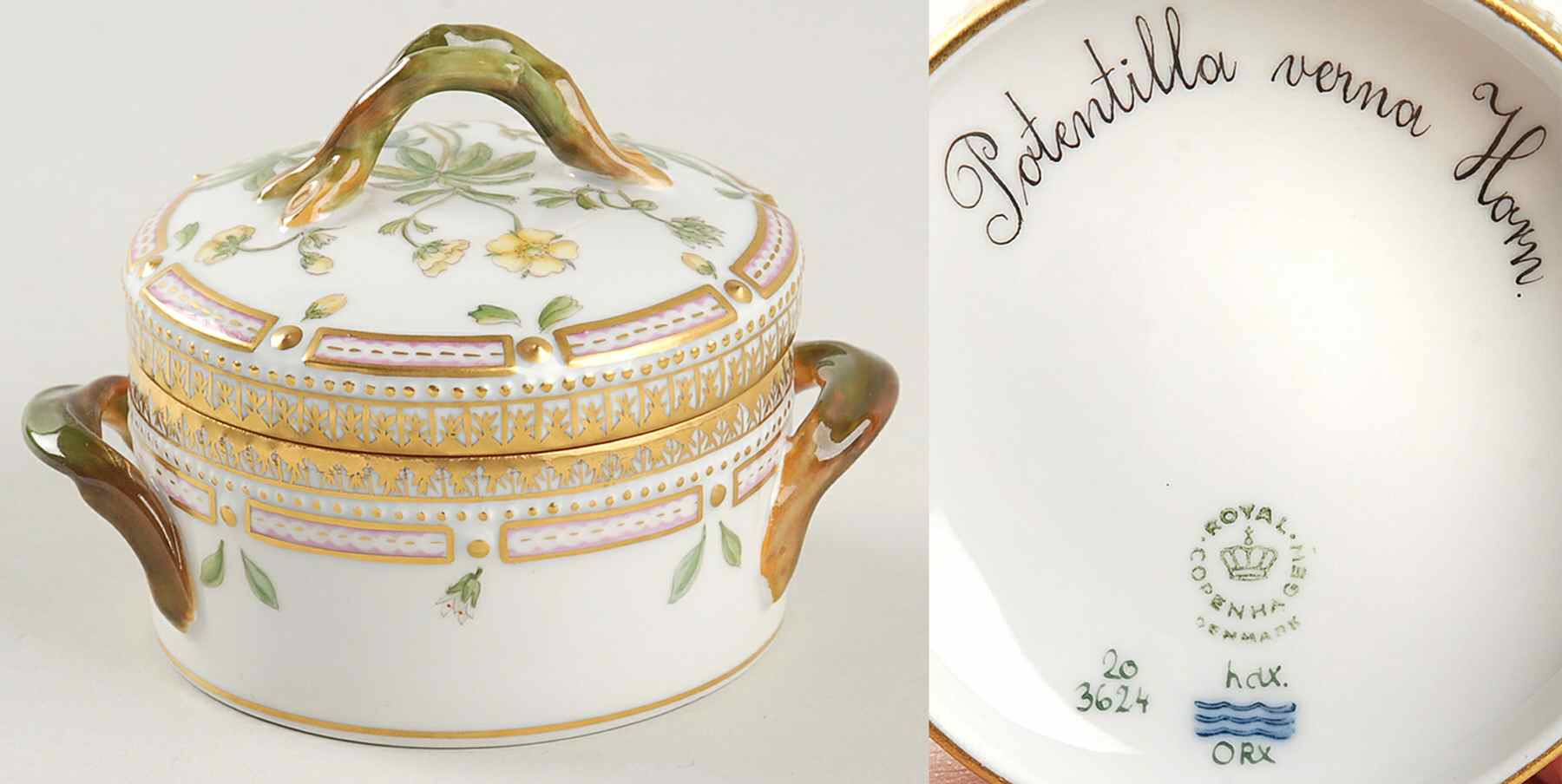 Flora Danica (1961 To Current) Small Sugar Bowl & Lid-Potentilla verna Horn by Royal Copenhagen-1