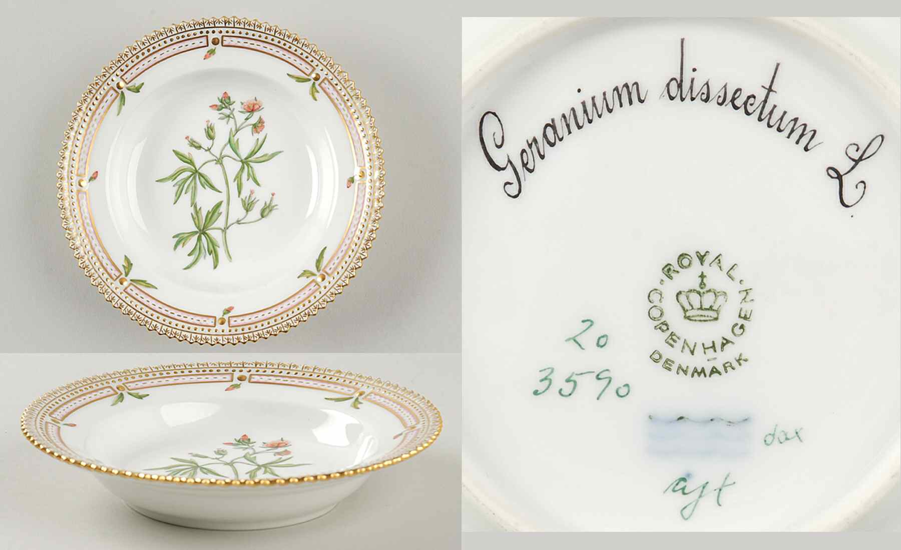 Flora Danica (1961 To Current) Rim Fruit/Soup Bowl-Geranium dissectum L by Royal Copenhagen-1