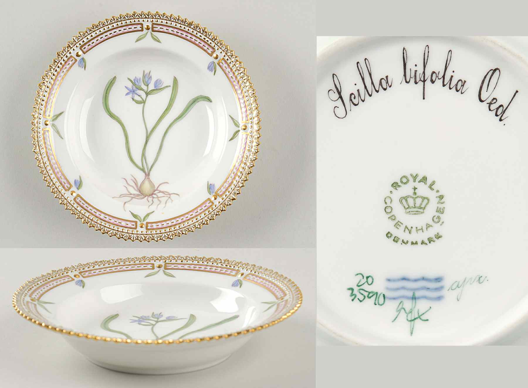 Flora Danica (1961 To Current) Rim Fruit/Soup Bowl-Scilla bifolia Oed by Royal Copenhagen-1