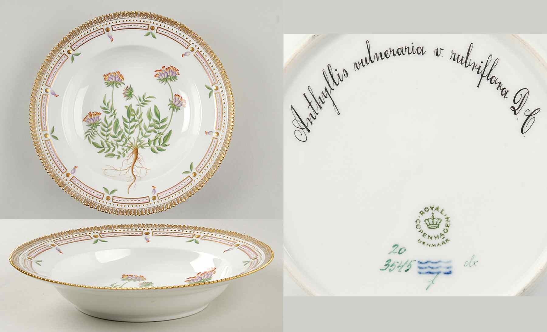 Flora Danica (1961 To Current) Large Rim Soup Bowl-Anthyllis vulneraria var rubri by Royal Copenhagen-1