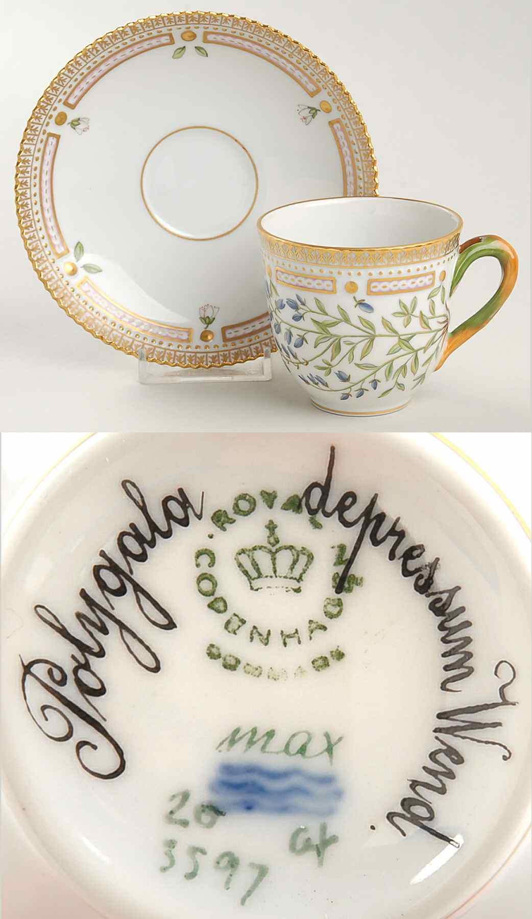 Flora Danica (1961 To Current) Flat Cup & Saucer-Polygala depressum Wend by Royal Copenhagen-1