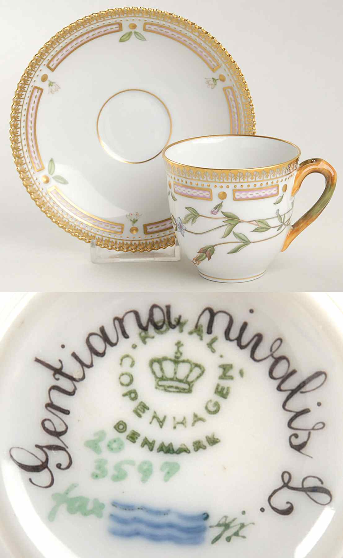 Flora Danica (1961 To Current) Flat Cup & Saucer Set-Gentiana nivalis L by Royal Copenhagen-1