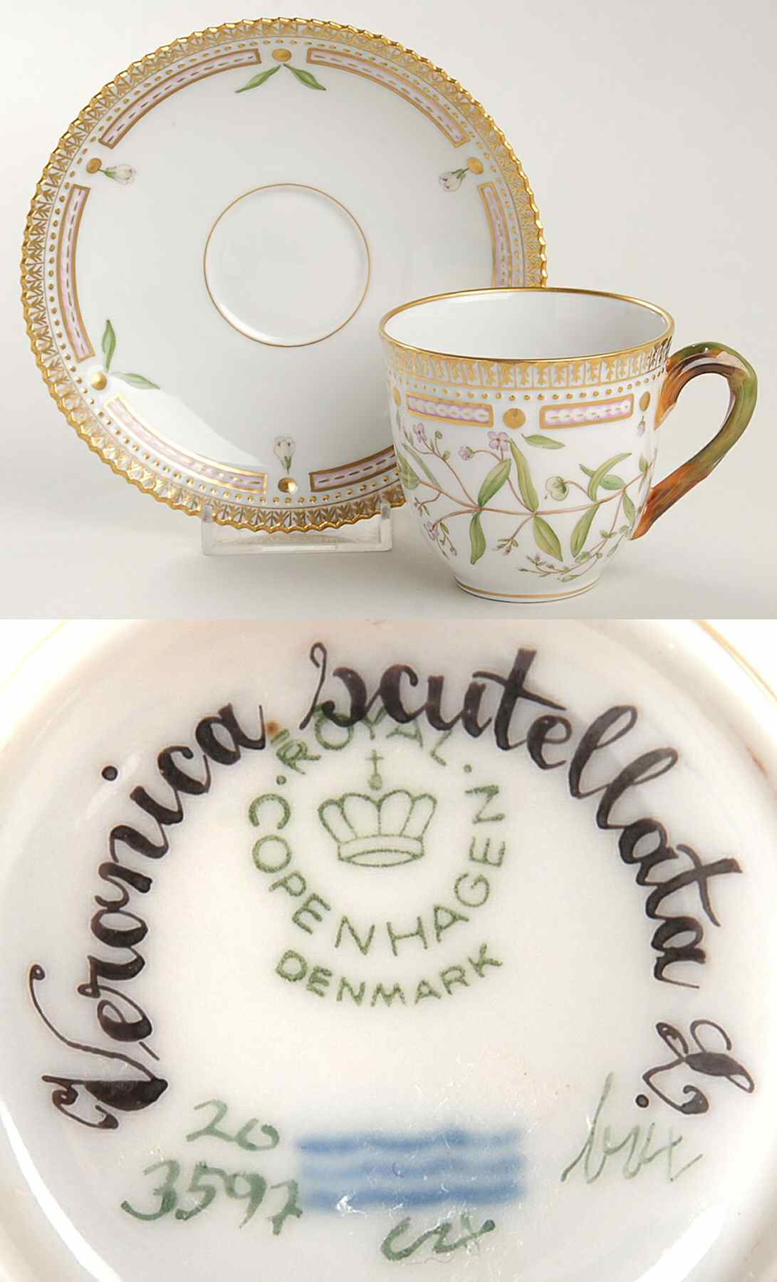 Flora Danica (1961 To Current) Flat Cup & Saucer Set-Veronica scutellata L by Royal Copenhagen-1