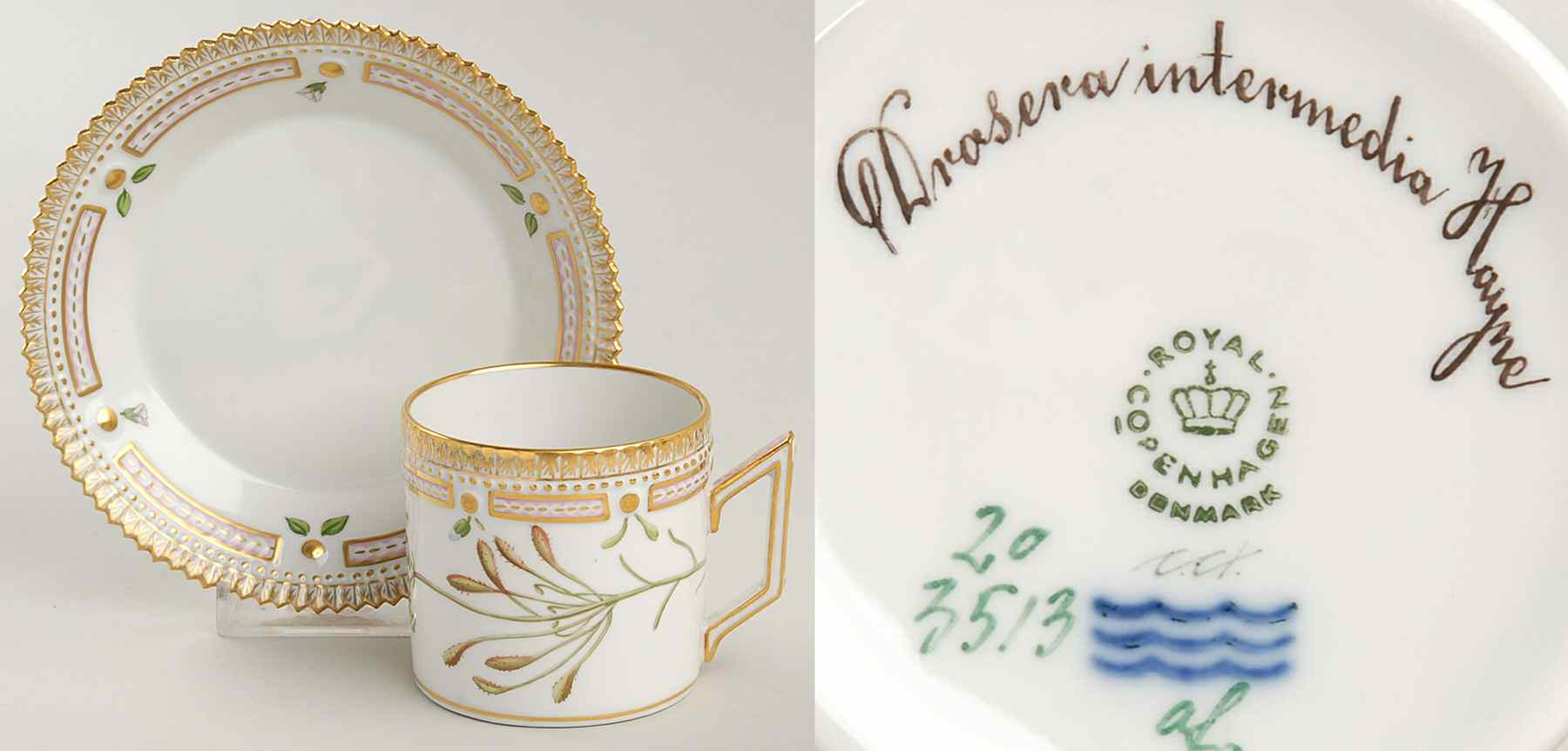 Flora Danica (1961 To Current) Chocolate Cup & Serrated Saucer-Drosera intermedia by Royal Copenhagen-1