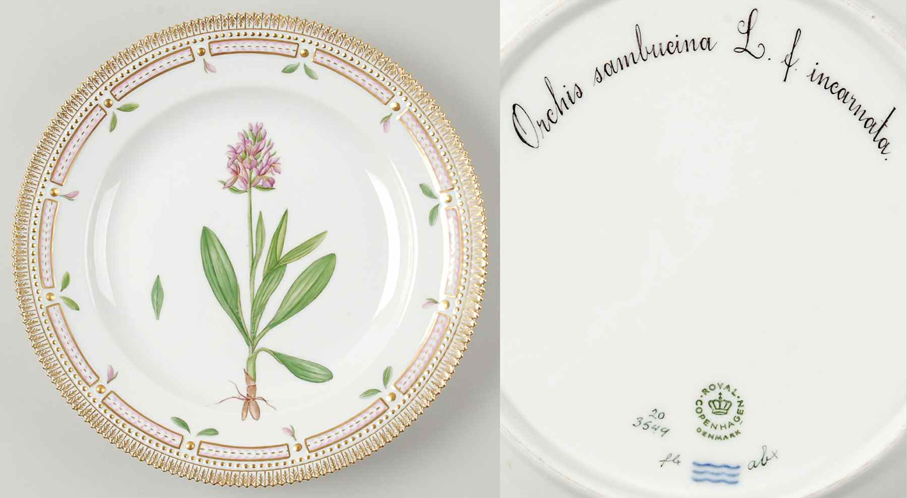Flora Danica (1961 To Current) Dinner Plate-Orchis sambucina L f incarnata by Royal Copenhagen-1