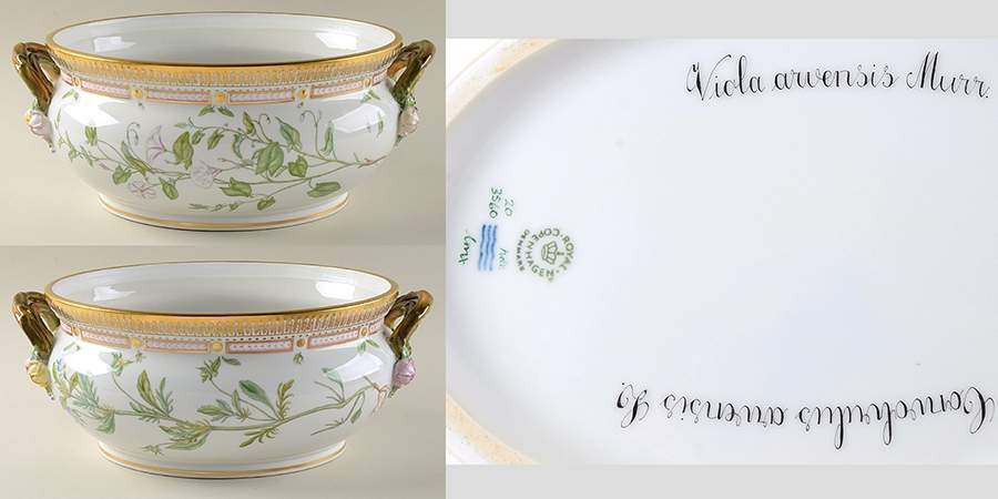 Flora Danica (1961 To Current) 5Qt Oval Tureen No Lid-Convol Arvens,Viola arvense by Royal Copenhagen-1