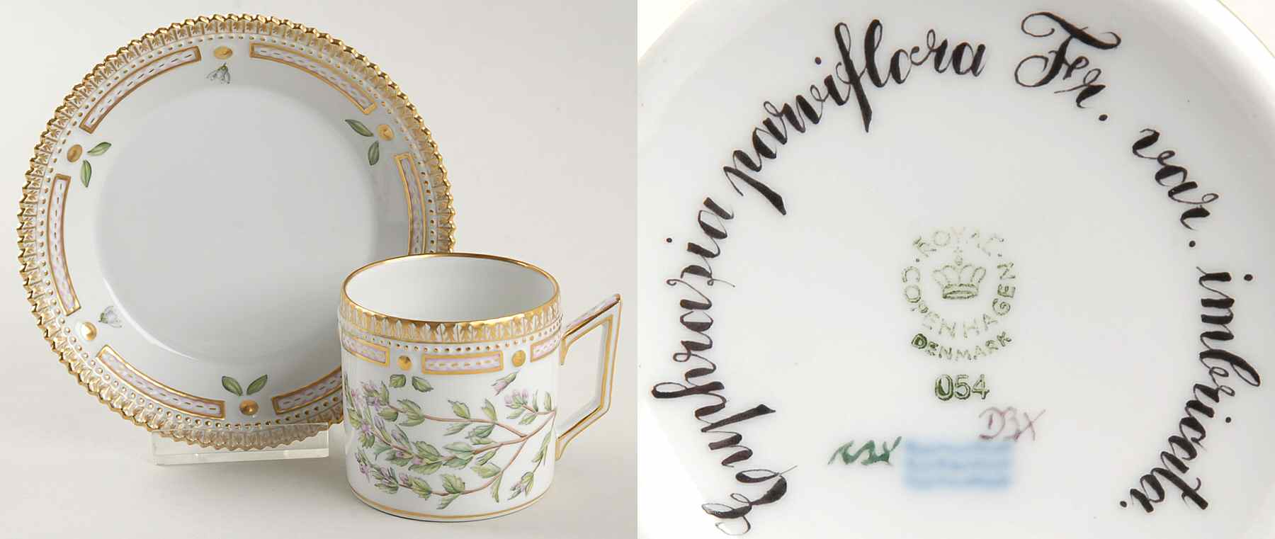 Flora Danica (1961 To Current) Chocolate Cup & Serrated Saucer-Euphrasia parviflo by Royal Copenhagen-1