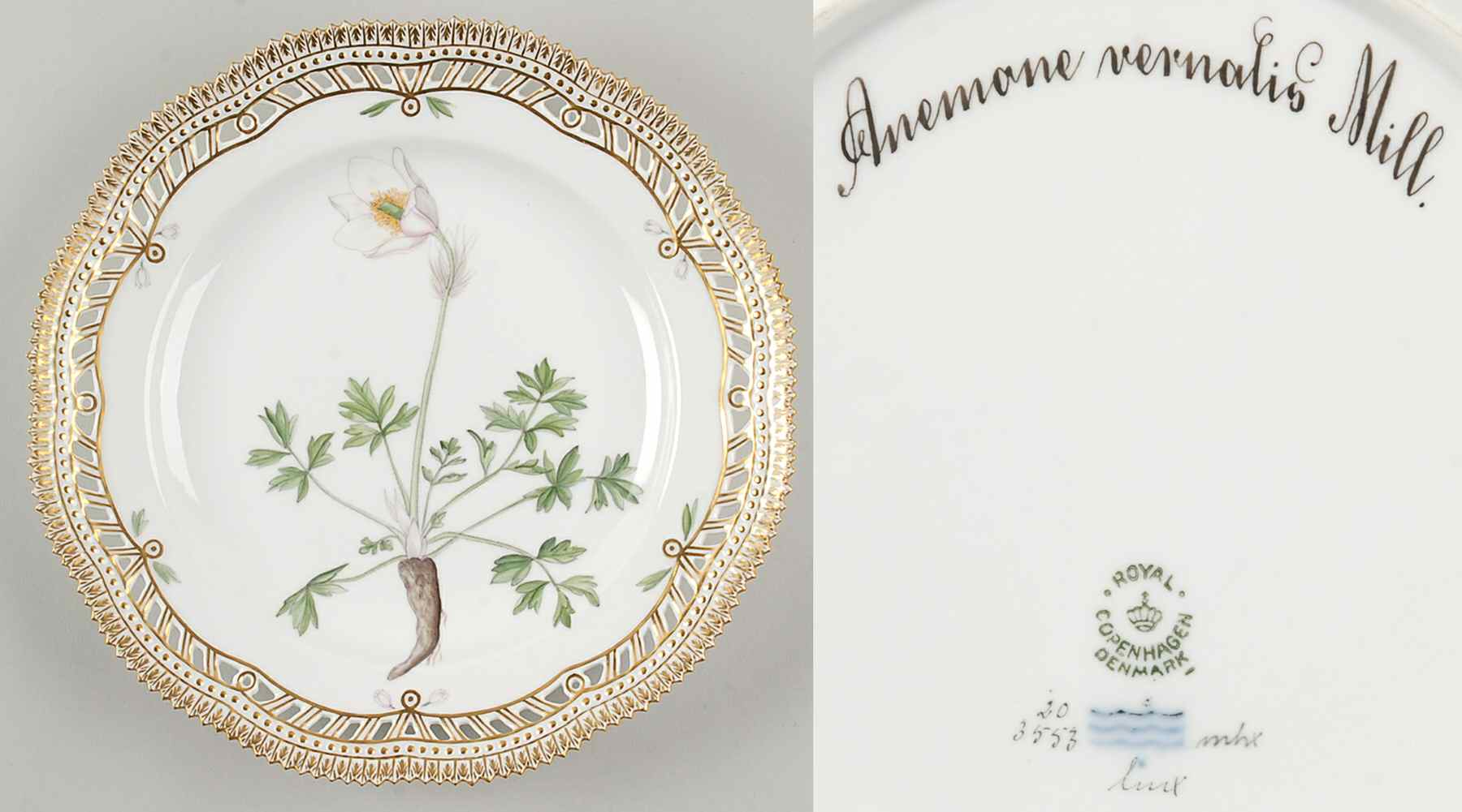 Flora Danica (1961 To Current) 10" Pierced Dinner Plate/Fruit Std-Anemone vernali by Royal Copenhagen-1