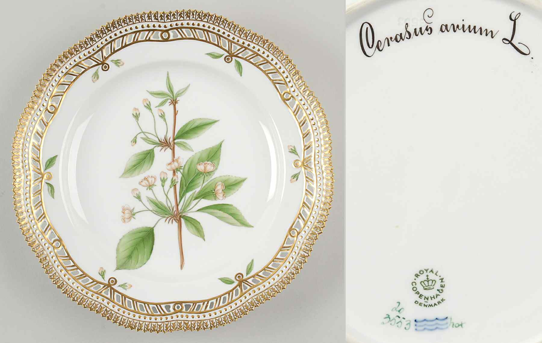 Flora Danica (1961 To Current) 10" Pierced Dinner Plate/Fruit Std-Cerasus avium L by Royal Copenhagen-1