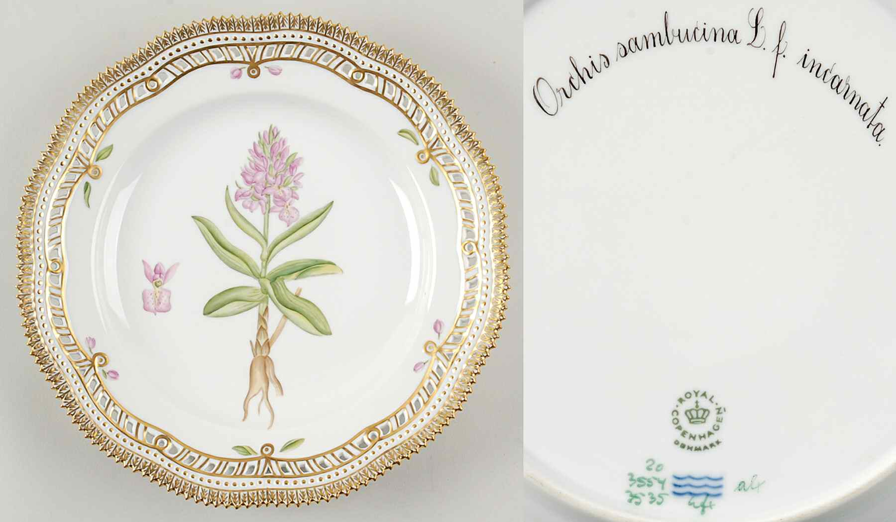 Flora Danica (1961 To Current) 10" Pierced Dinner Plate/Fruit Std-Orchis sambucin by Royal Copenhagen-1
