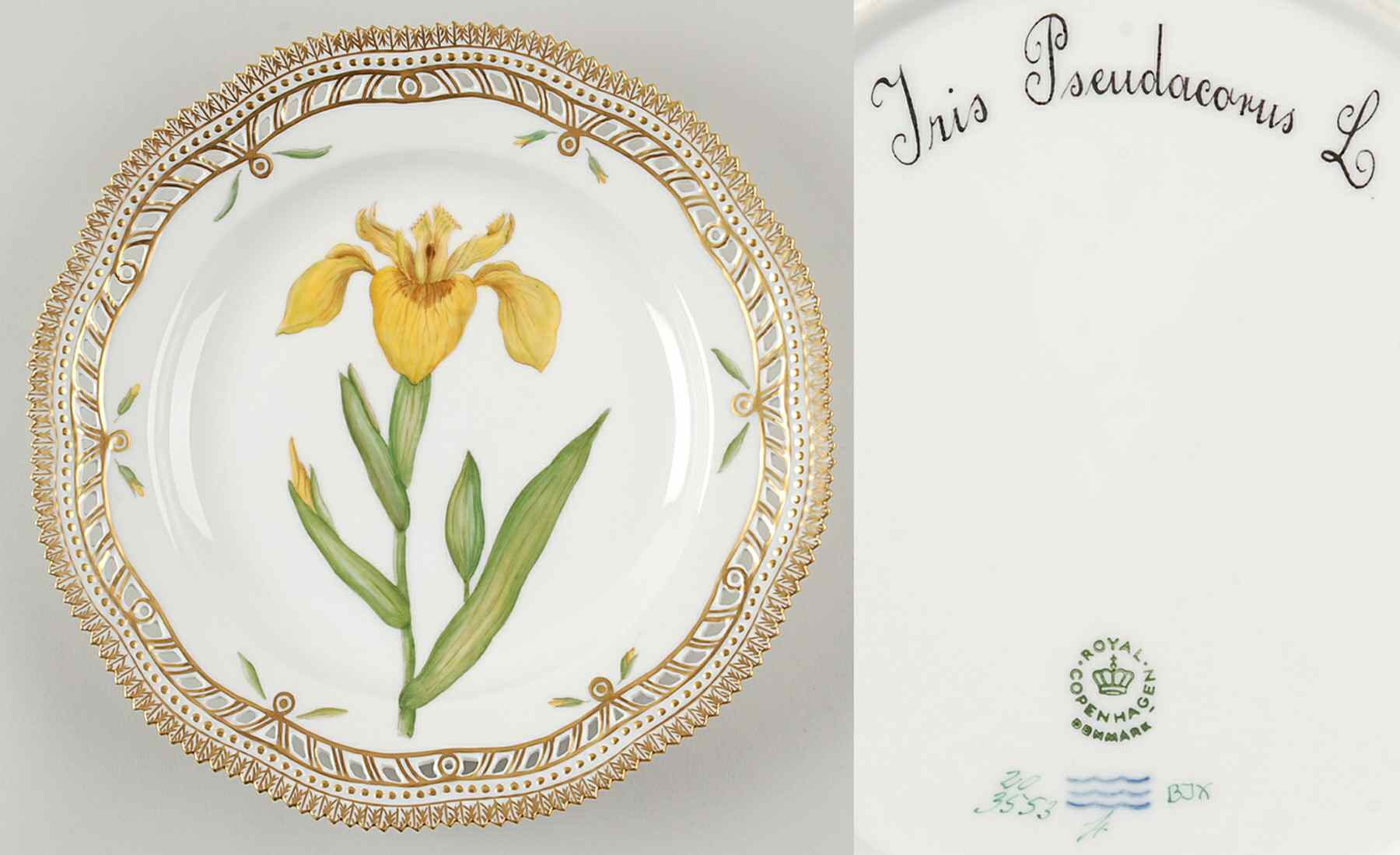 Flora Danica (1961 To Current) 10" Pierced Dinner Plate/Fruit Std-Iris Pseudacorus L. by Royal Copenhagen-1