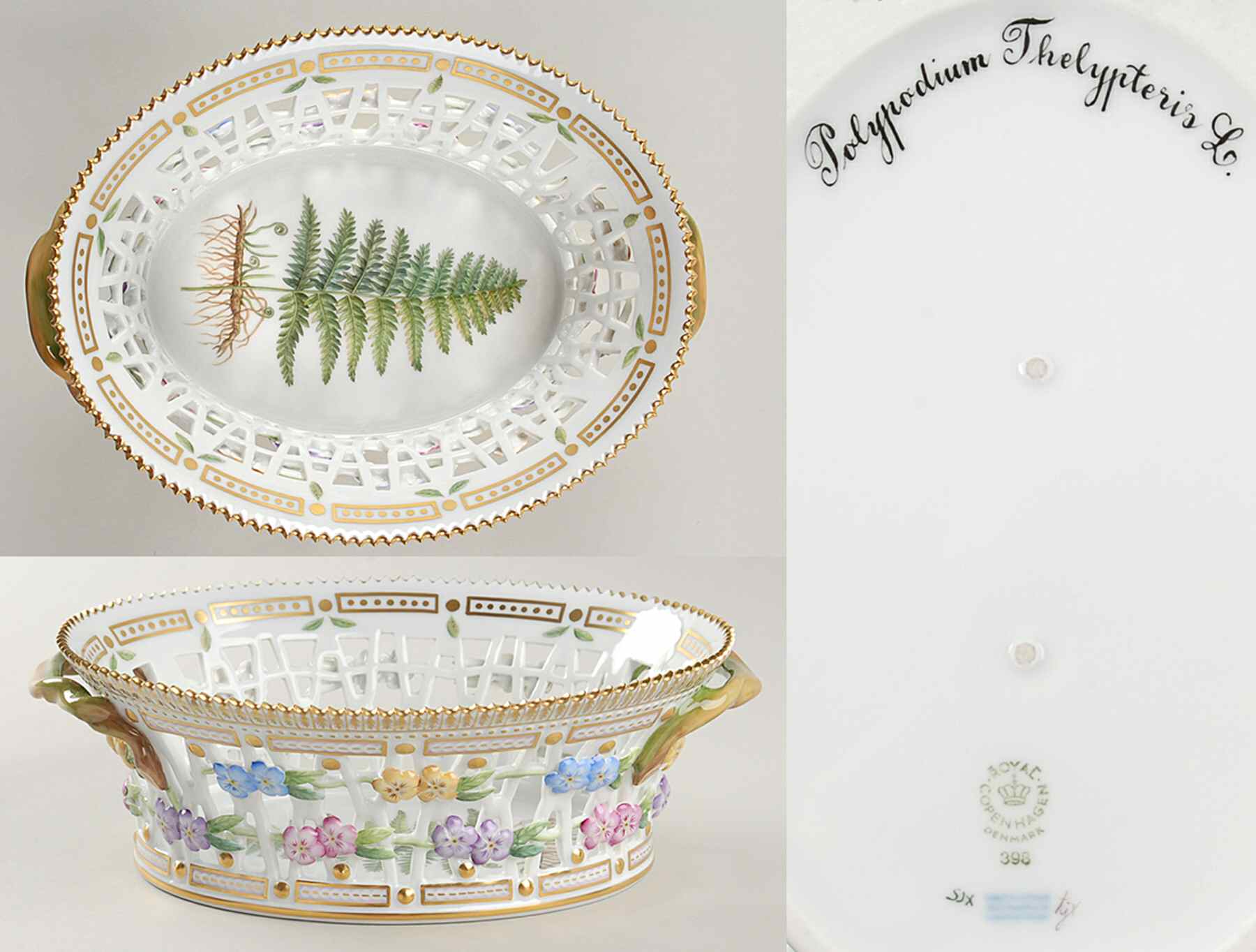 Flora Danica (1961 To Current) 9" Oval Fruit Basket-Polypodium Thelypteris L by Royal Copenhagen-1