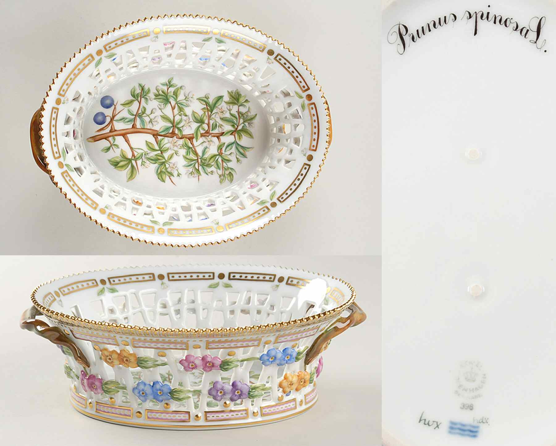 Flora Danica (1961 To Current) 9" Oval Fruit Basket-Prunus spinosa L by Royal Copenhagen-1