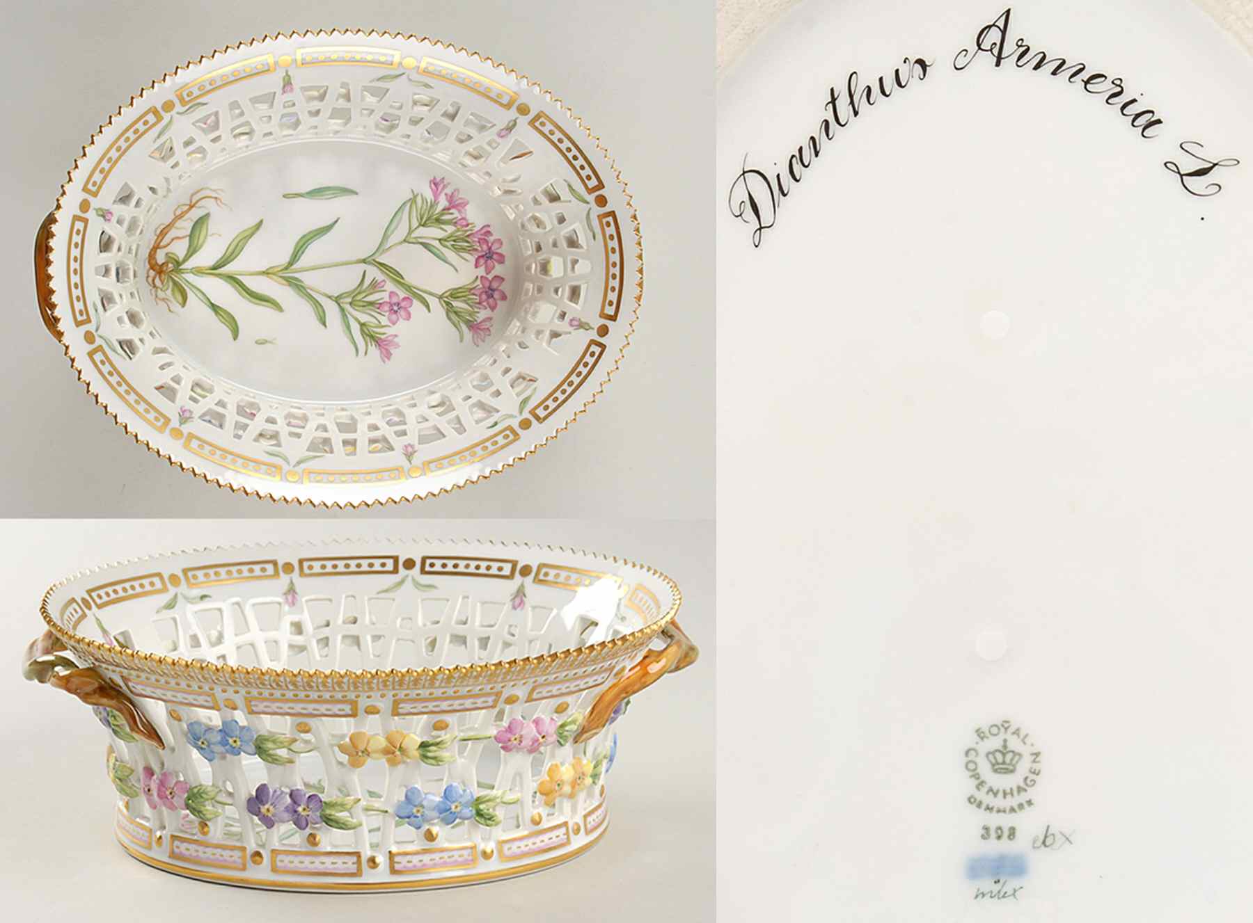 Flora Danica (1961 To Current) 9" Oval Fruit Basket-Dianthus Armeria L by Royal Copenhagen-1