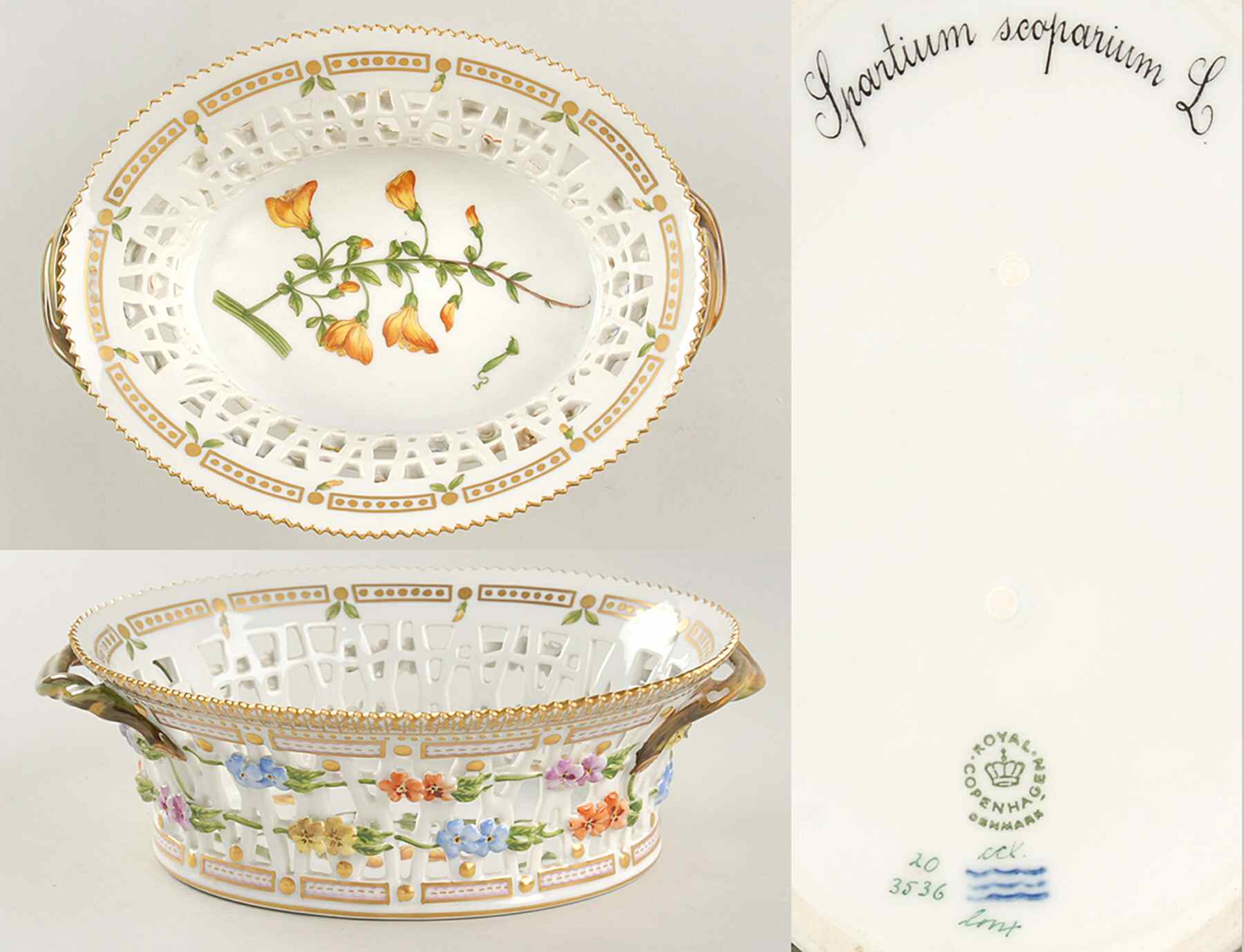 Flora Danica (1961 To Current) 9" Oval Fruit Basket-Spartium scoparium L by Royal Copenhagen-1